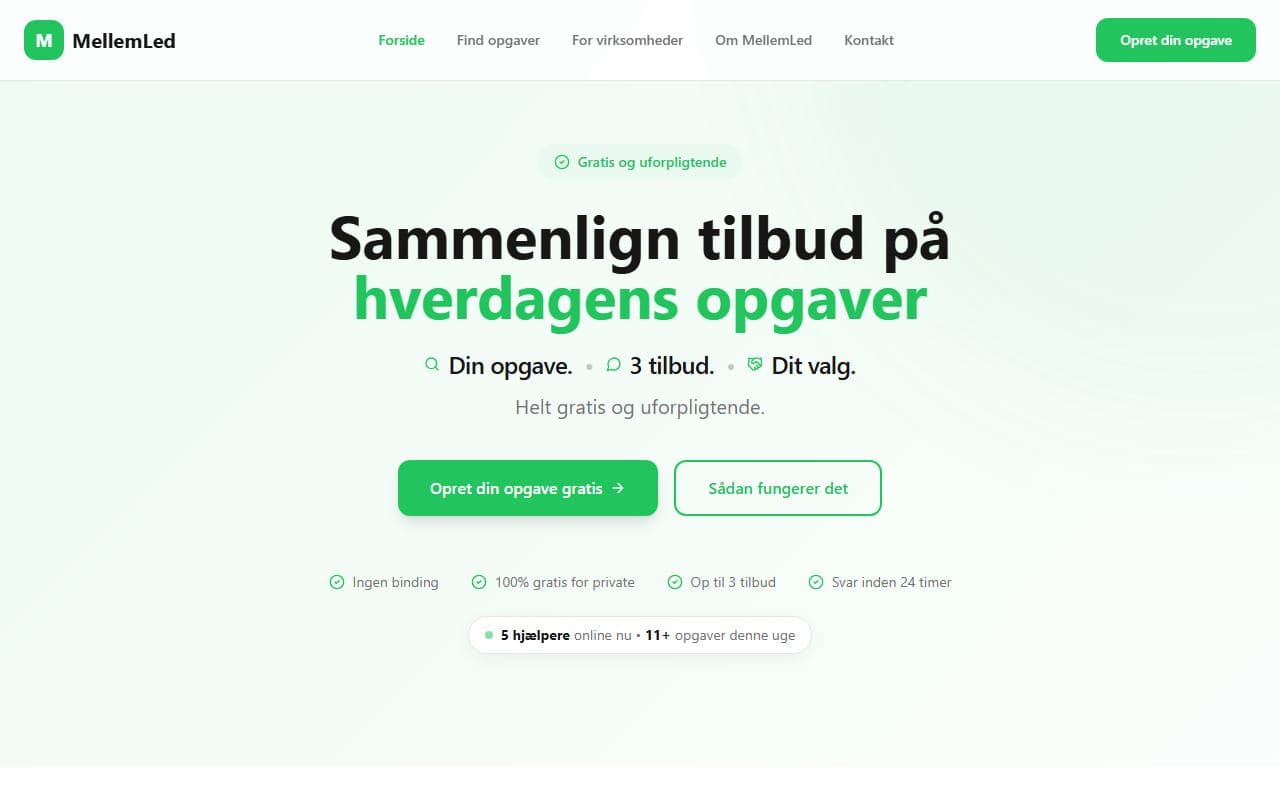 Forsiden på mellemled.dk, tilbud på rengøring og flytning