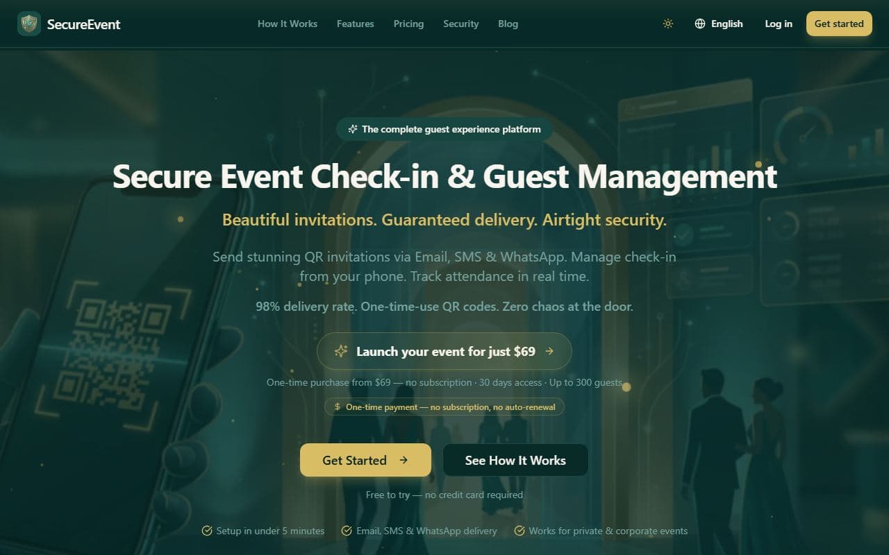 Forsiden på secureevent.online, QR-billetter og check-in